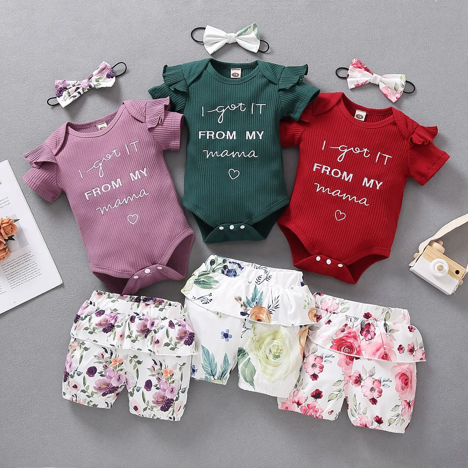 

Baby Girl Suit 2021 Summer Fashion Short Sleeve Letter Stripe Love Flying Sleeve Romper + Printed Shorts + Bandana 3PCS