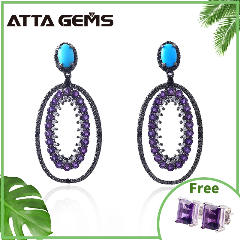 Женские серебряные серьги с аметистом из Натуральной Бирюзы кристаллами для