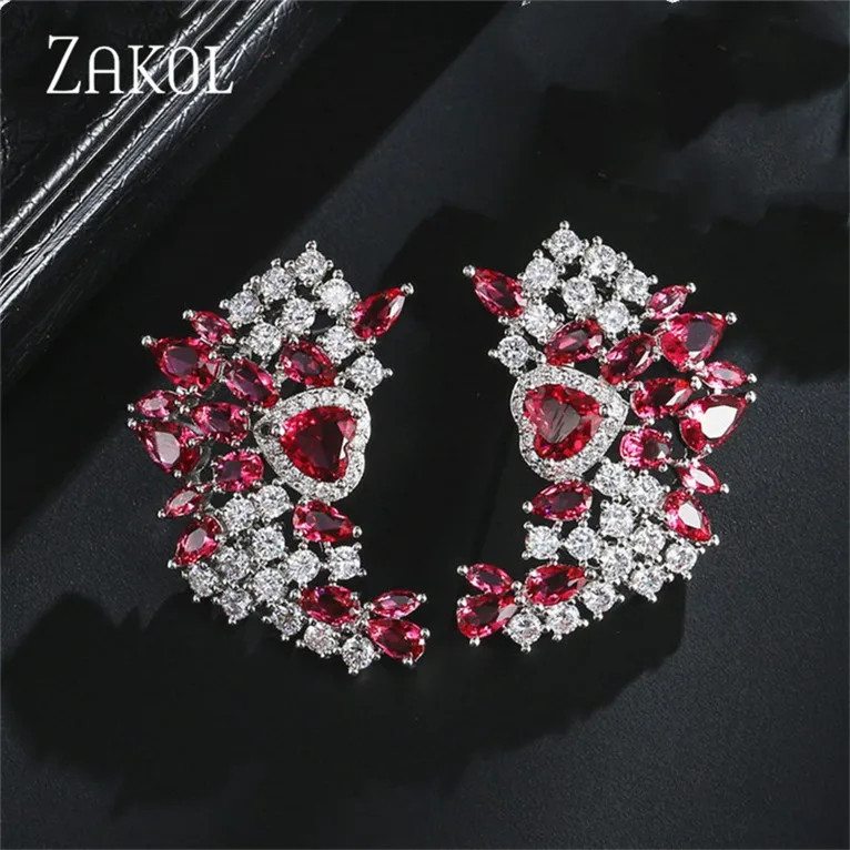 Red ZAKOL, Новое поступление, кубический цирконий, багет, камни, крылья, запонки, для ушей, для личности, Сверкающий Лист, женские свадебные серьги, FSEP2103 - Окраска металла: Red