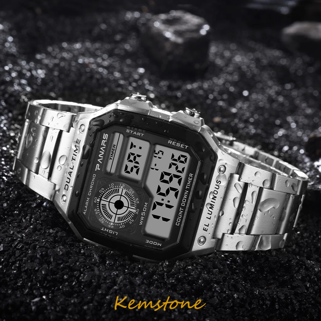 Мужские светящиеся спортивные цифровые часы Kemstone с ремешком из нержавеющей