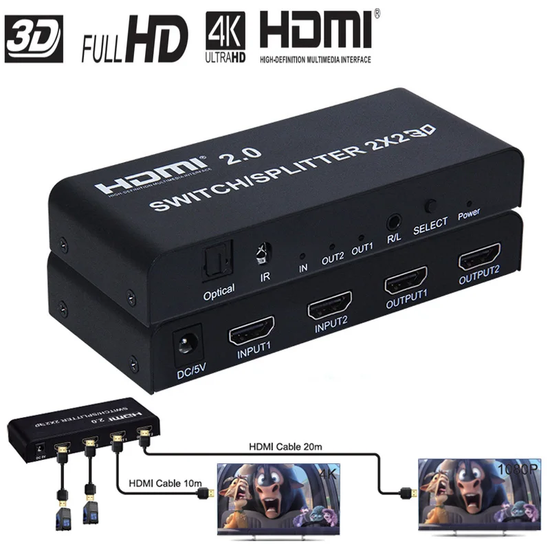 HDMI 2 0 переключатель сплиттер 2x2 распределитель аудио видео преобразователь