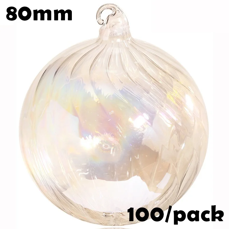 

Free Shipping DIY Paintable Christmas Xmas Decoration Ornament 80mm Iridescent Screw Thread Hooked Glass Sphere Ball , 100/Pack
