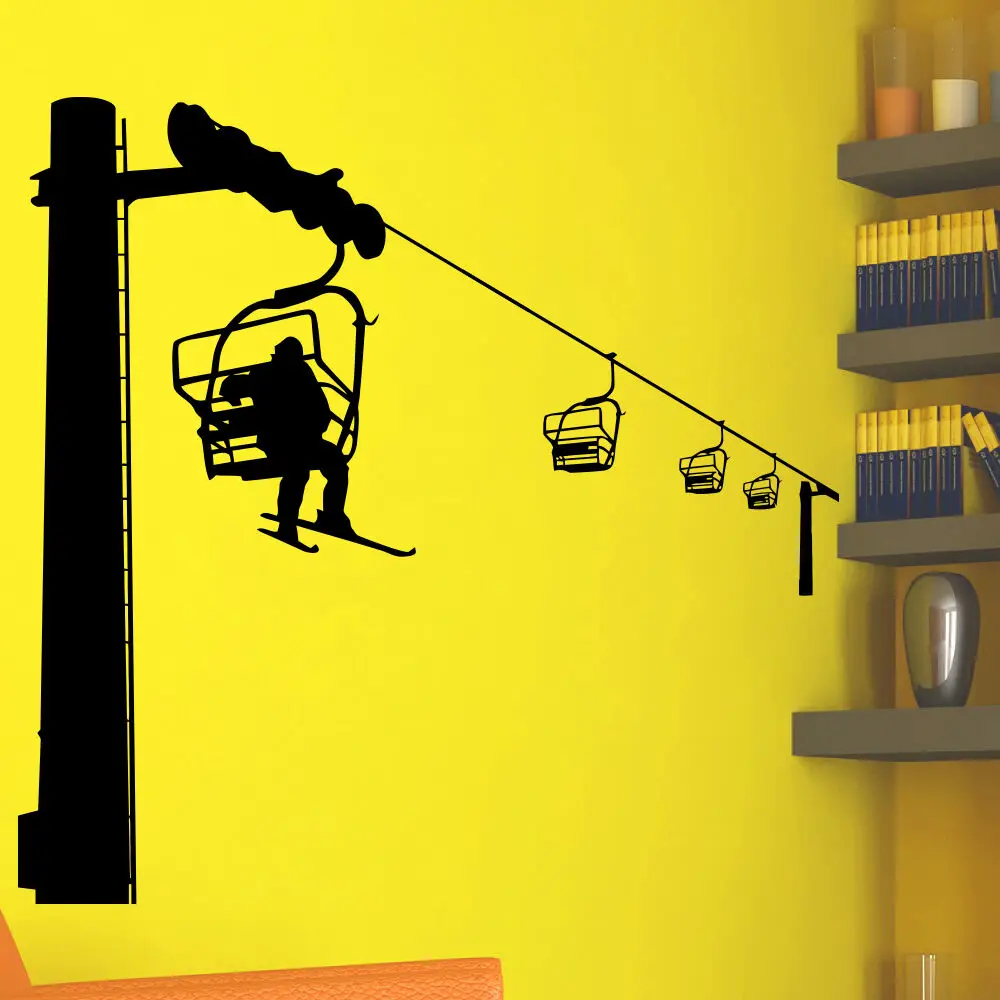 

Winter Ski Lift with Skiers Extreme Sport Wall Sticker Playroom Bedroom Cable Car Wall Decal Kids Room Vinyl Home Decor