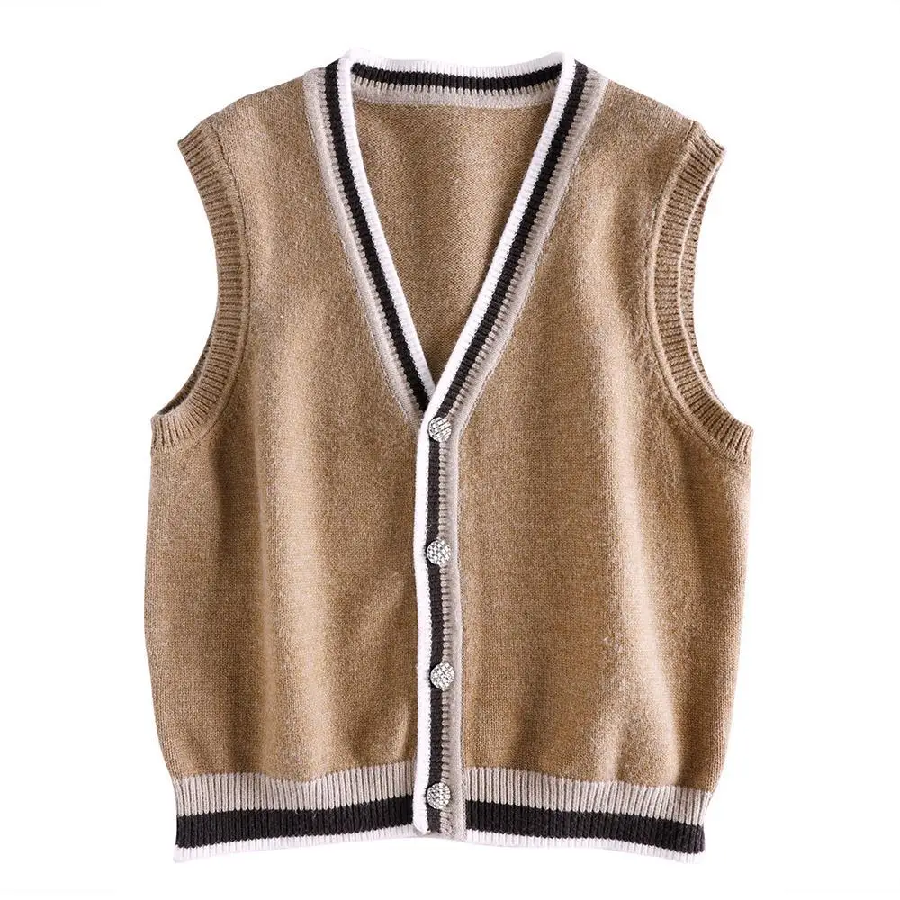 

Early spring 2021 new fashion loose and versatile sleeveless contrast color knitted cardigan vest vest vest sweater coat female