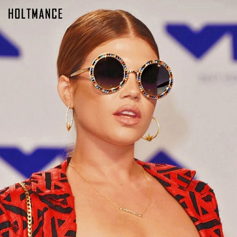 

Rhinestone Round Sunglasses Fashion Women Luxury Brand White Crystal Sun Glasses Men Retro Sunglasses Big Shade