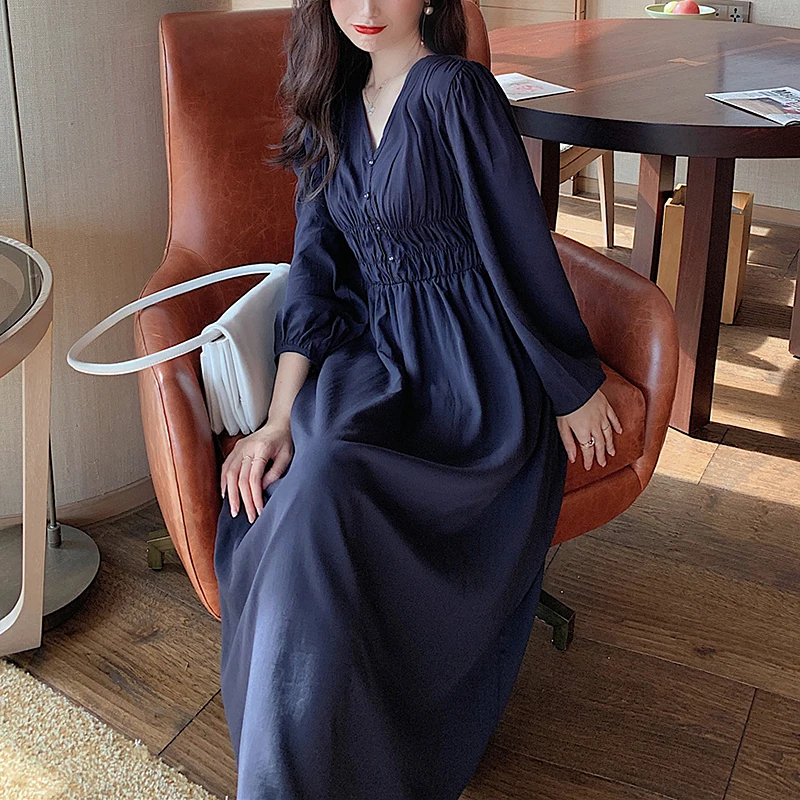 

2021 Summer Long Dress Women Vintage V Neck Puff Sleeve Pleated Dresses Plus Size Elegant Party dress vestidos
