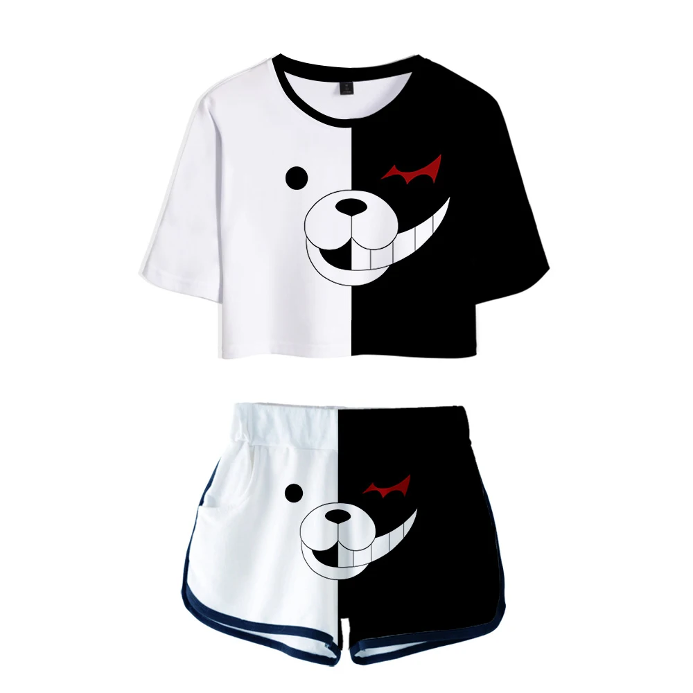 Anime Danganronpa Merch Monokuma Cosplay Costume TShirt Shorts 3D Two Piece Sets Women Sexy Crop tops Streetwear Funny Tracksuit