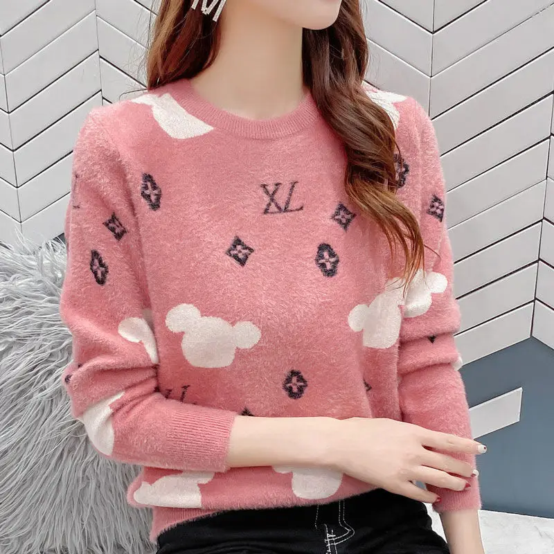 

[thickened crystal velvet] 2021 spring and autumn new sweater women's low round neck fashionable loose versatile warm base shirt