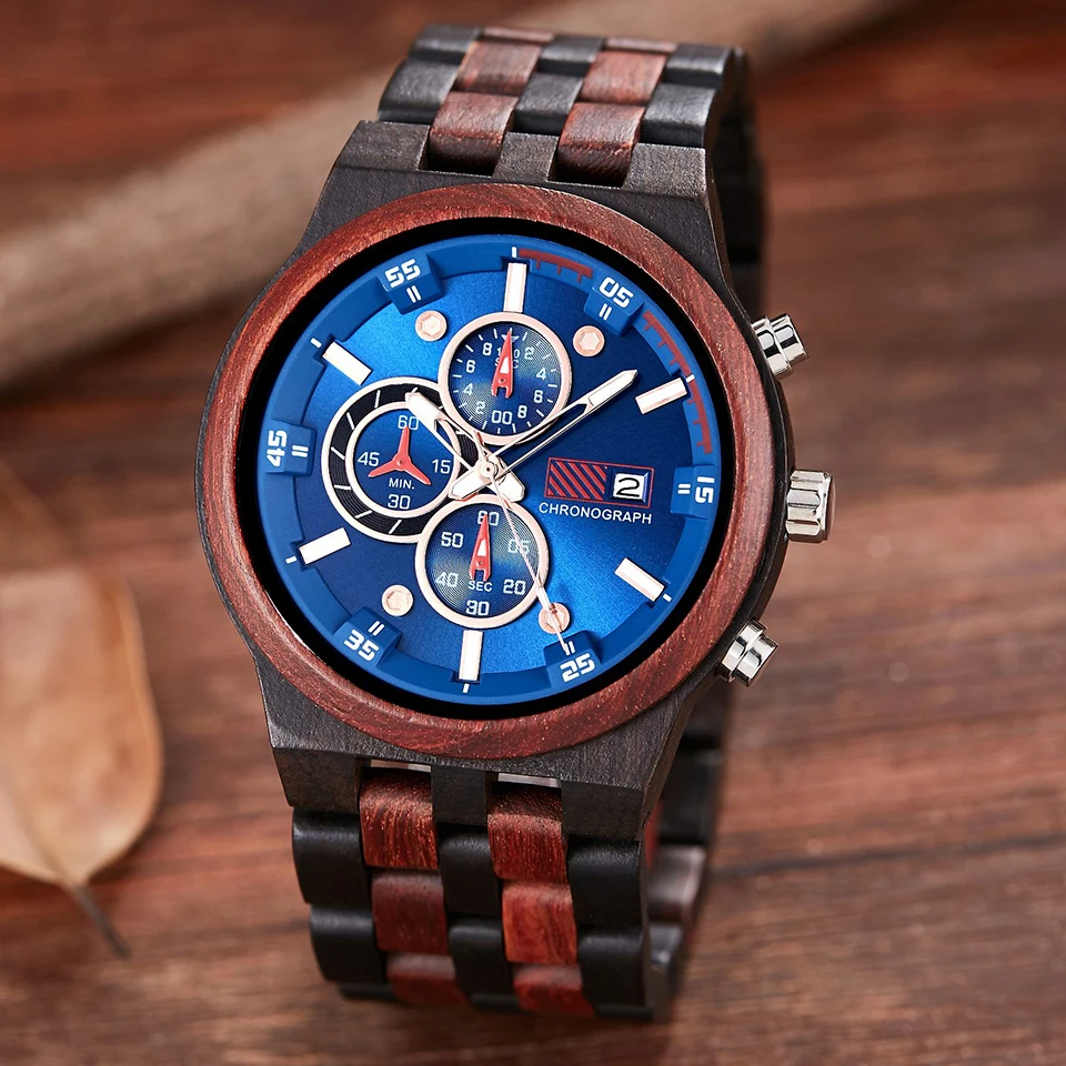 Роскошные мужские деревянные часы с 6 контактным кварцевым хронографом