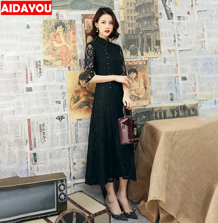 Черный Cheongsam Qipao платье длинные для банкета ужин вечерние халат вечернее Винтаж