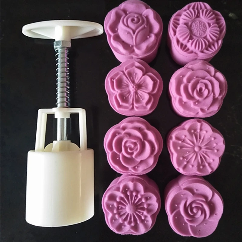 

8pcs/set 50g 3D Mooncake Moulds Plastic/Stainless Steel Hand Pressure Festival Cookie Decorate White Flower Shape Reusable