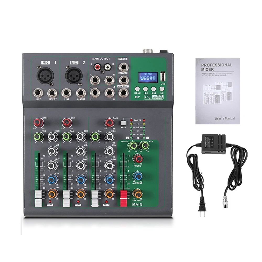 

4-Channel Portable Mixing Console Digital Audio Mixer Supports BT Connection Reverb Mixer audio for Studio Recording DJ Karaoke