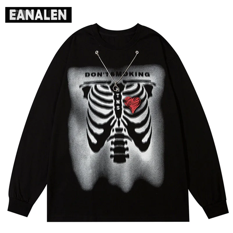 

Harajuku Vintage Love Skull Graphic T-Shirt Men's Oversized Fashion Streetwear Rock Punk Gothic Long Sleeve T-Shirt Women Grunge