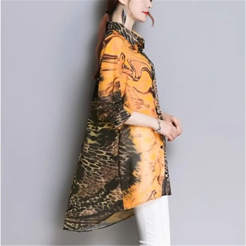 Женская шифоновая блузка с леопардовым принтом Длинная тонкая рукавом 3/4 и