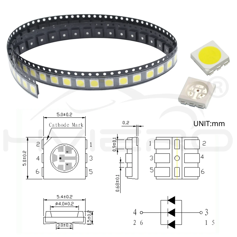 100шт 5050 Белый Красный Синий Розовый Smd Smt 3 chip Led Plcc 6 Супер яркий свет лампы
