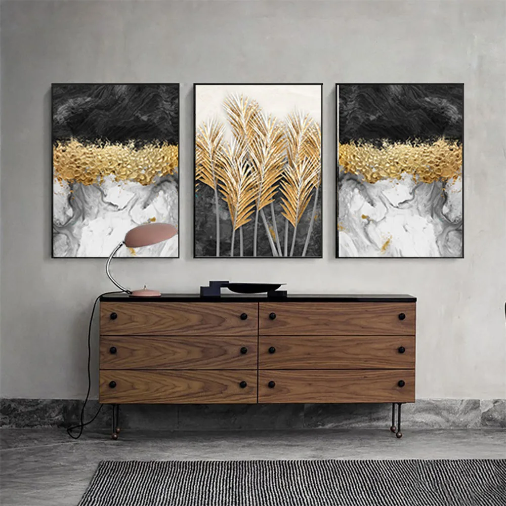 

Abstract Canvas Painting Golden Feather Poster Wall Paintings Blue Green Wall Art Picture for Living Room Fashion Tableaux Decor