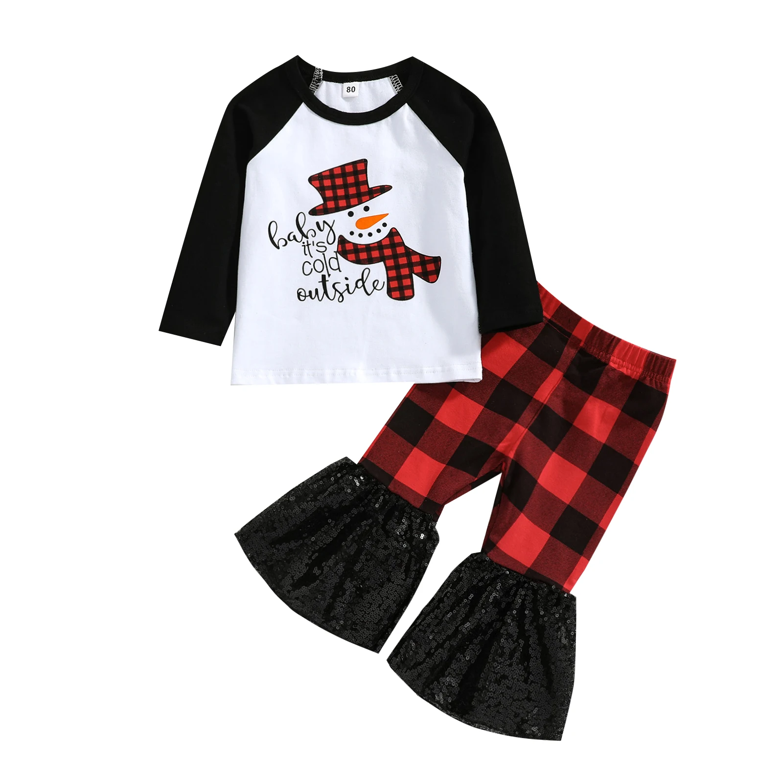 

Рождественская одежда для маленьких девочек, Топ с длинным рукавом и принтом снеговика + клетчатые штаны с блестками и колокольчиками, 2 шт.