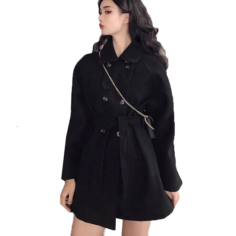 

Coat Women black Woolen Coat Autumn Winter Jacket Mid-Long Double Breasted Belt Elegant Windbreaker Outerwear manteau femme