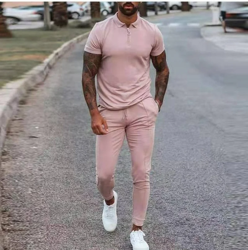 

Fashion Solid Mens Clothes 2021 Summer 2 Piece Set Men Turn-down Collar Zipper Tops And Drawstring Pants Outfit Casual Suits 3XL