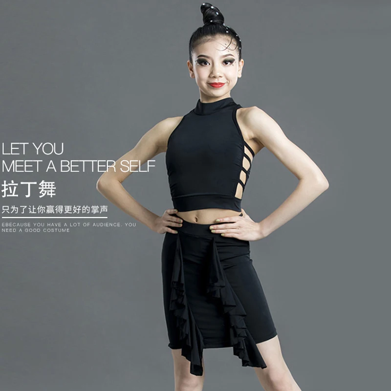 

2020 Latin Dance Dress Kids Girls Black Dress Suit Sleeveless Tops Fringe Skirt Performance Training Clothes Show Costume 586