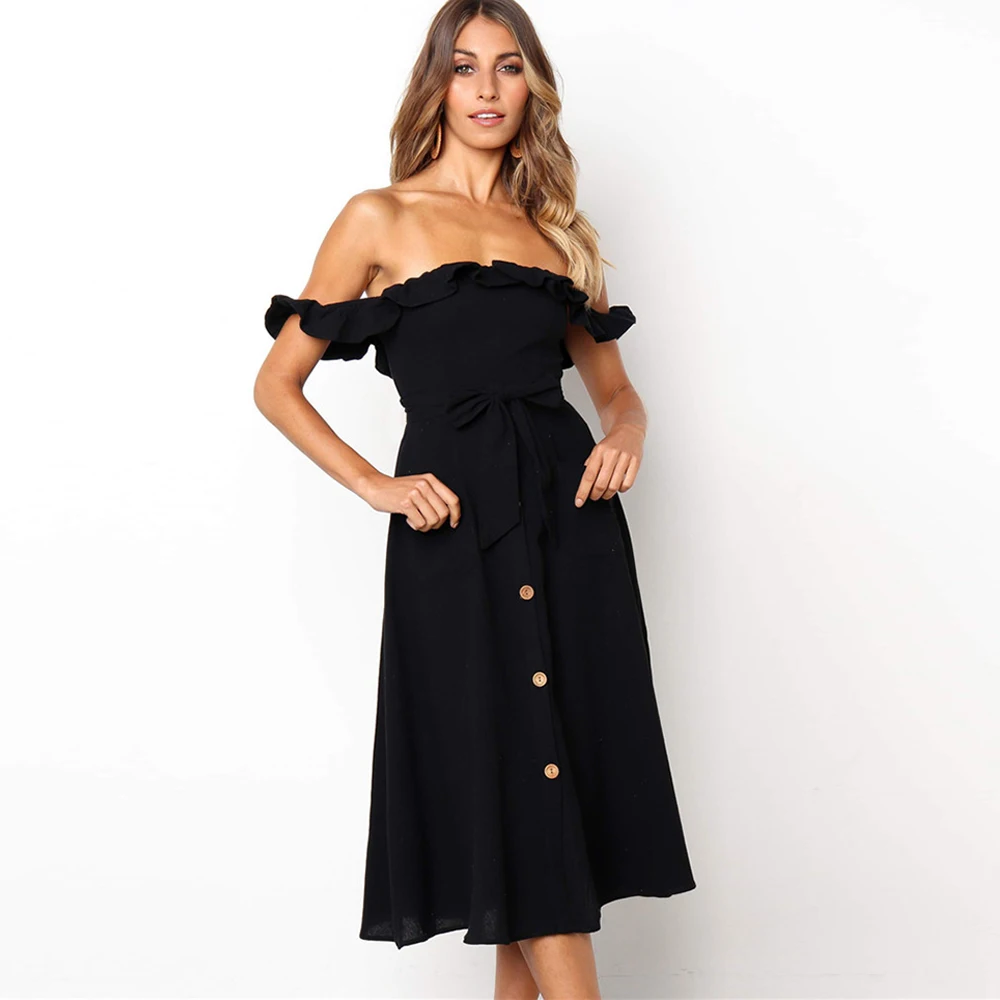 

Backless Sexy Women's Summer Dress 2021 Ruffled Off-shoulder Beach Skirt Strapless High Waist Bohemian Mid-length Lady Vestido