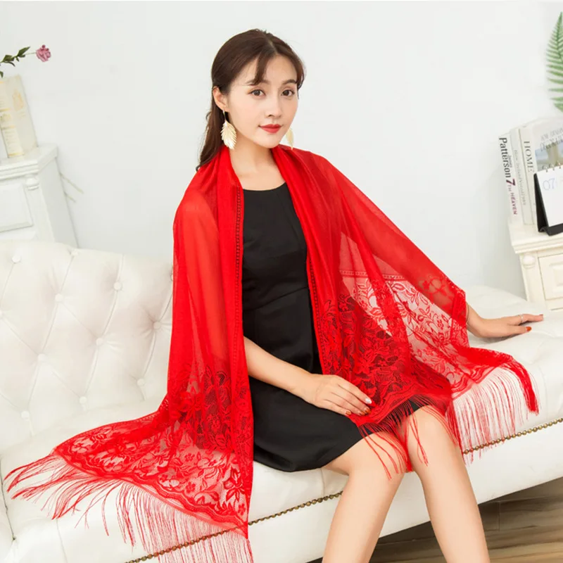 

2022 New Lace Silk Scarf women's solid color hollow jacquard tassel scarf indoor shawl tourism sunscreen scarf long female