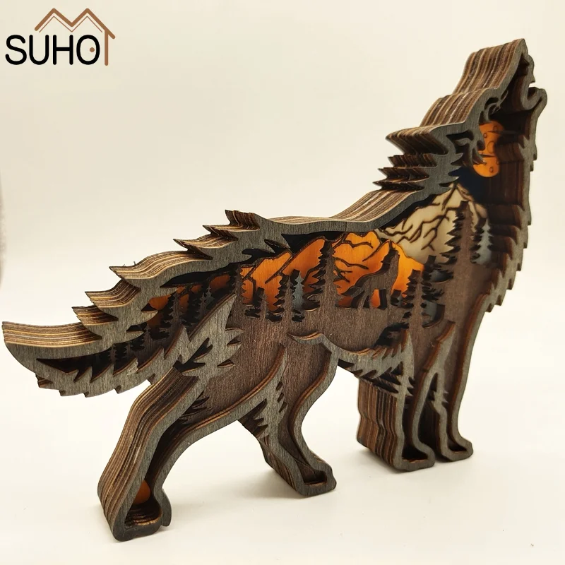 

Cool Figurines Wolf Howling in The Wild Woodlike Bust Scene Carving Figurine Hollow Out Animals Shape Household Decor Ornaments