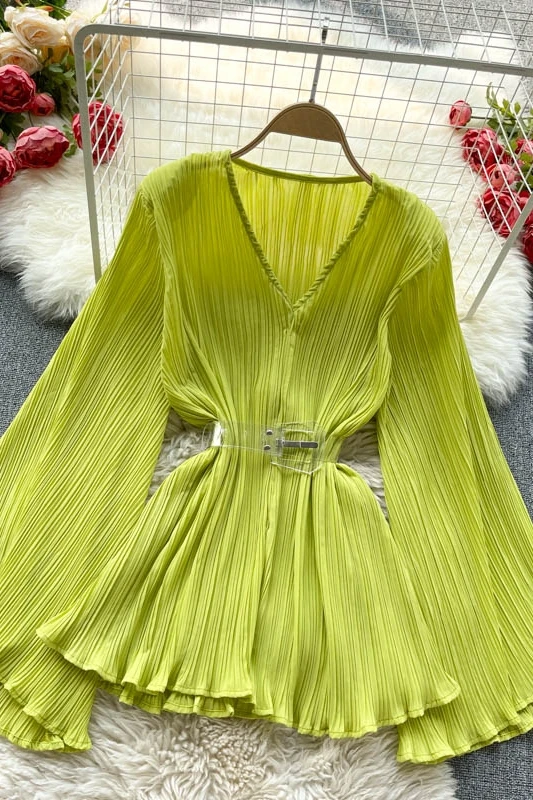 

European and American blouse women's design sense niche trumpet sleeves heavy-duty pleated waist slimming chiffon shirt