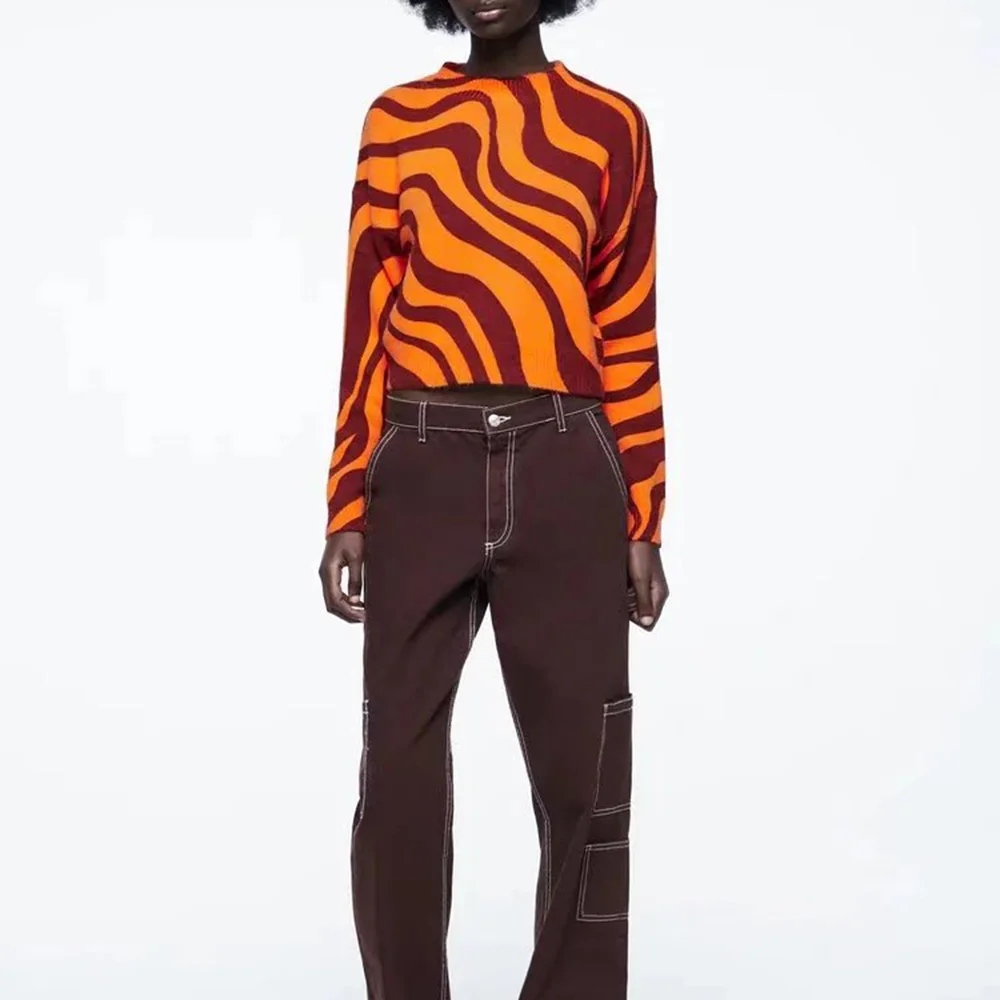 

Y2K XIKOM 2021 Autumn Women Sweaters And Pullovers Striped Sweater Women Long Sleeve Top Streetwear Loose Sweater Knitted