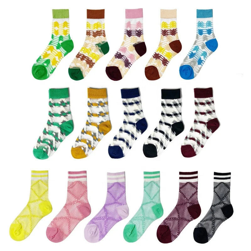 

2022 New Design Spring Summer Ultra Thin Breathable Nylon Silk Socks Women Translucent Custom Striped Socks