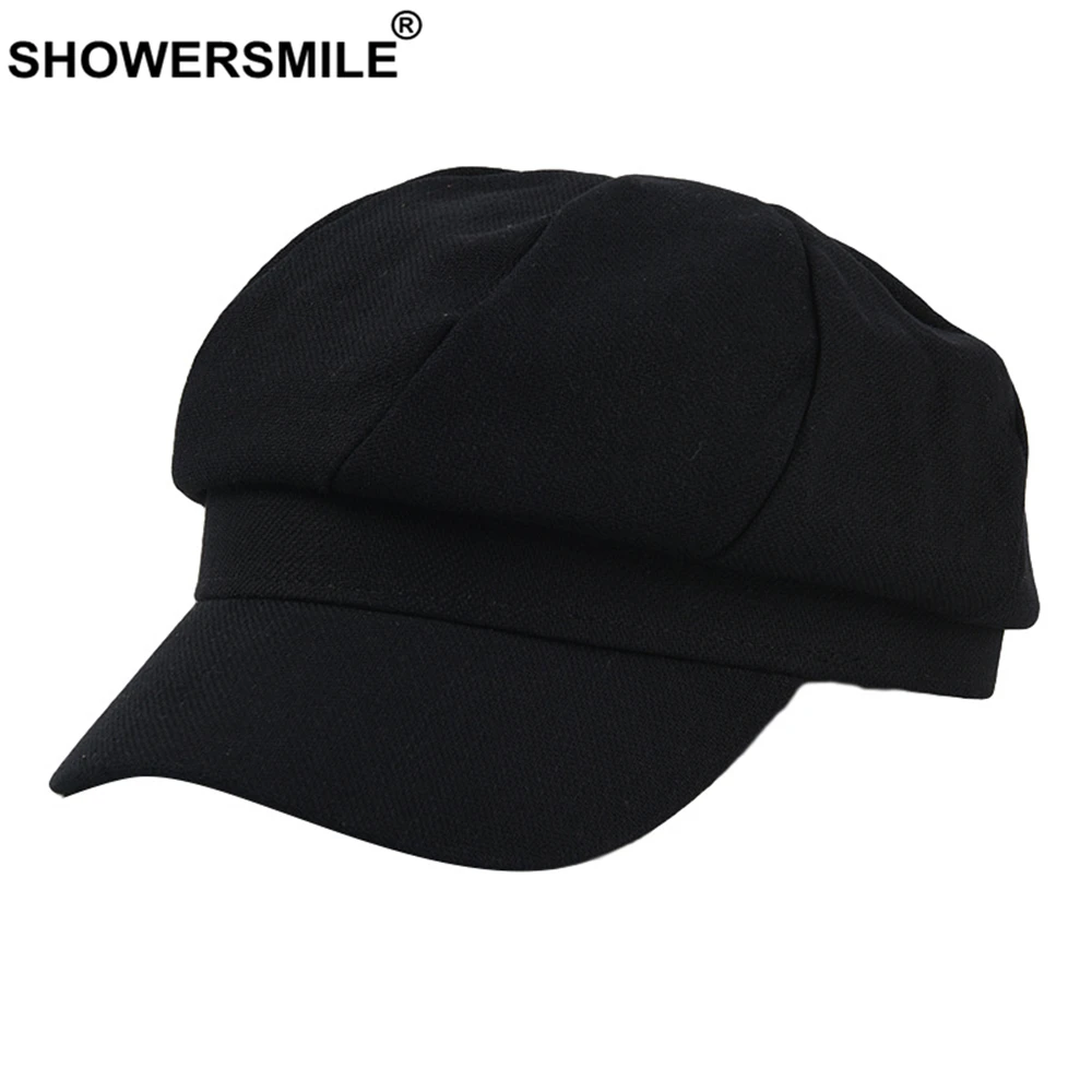 

SHOWERSMILE Black Newsboy Cap British Style Autumn Winter Hats for Women Solid Ladies Vintage Hat Female Brand Octagonal Cap
