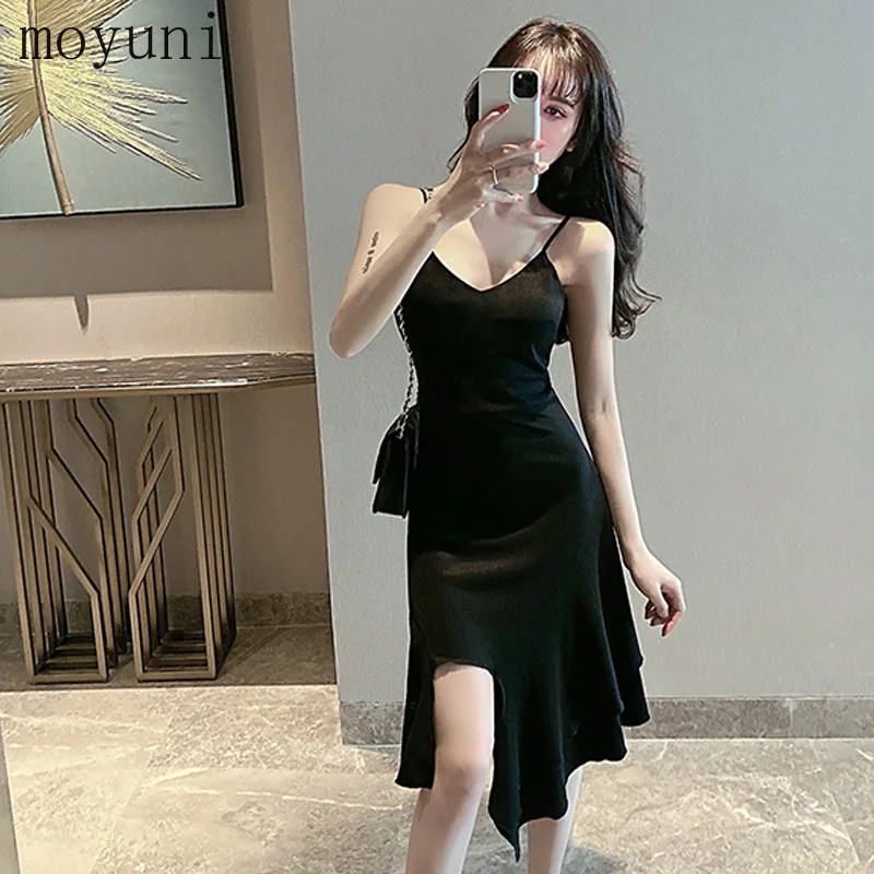 

Женское платье с V-образным вырезом, летнее асимметричное приталенное платье-трапеция с оборками и эффектом пуш-ап, черное платье для вечерн...