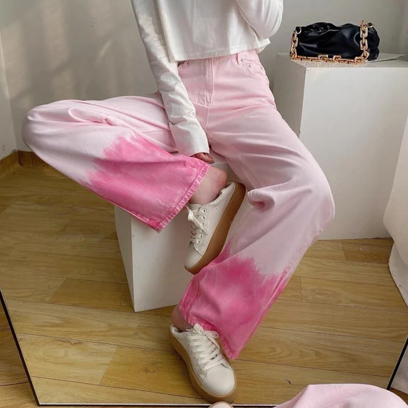 

Женские прямые джинсы в стиле Харадзюку, розовые уличные джинсы с высокой талией, женские джинсовые брюки, размера плюс