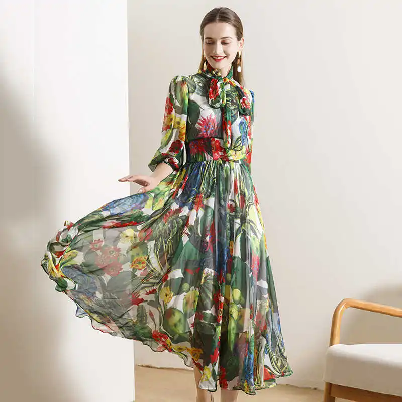 

Женское платье с бантом, элегантное свободное платье средней длины с принтом кактуса и рукавом до локтя для пляжа и отпуска, осень 2020