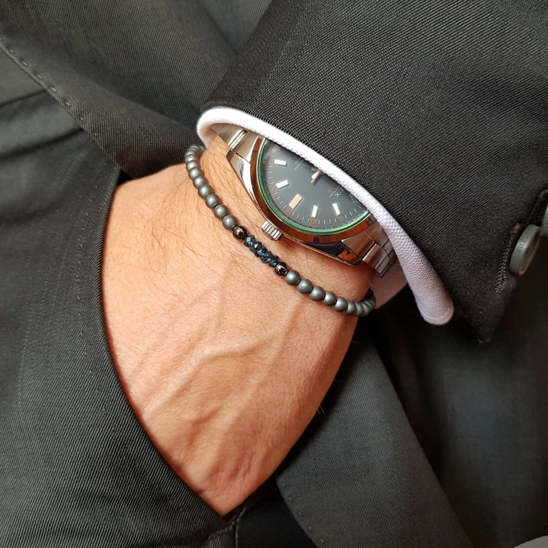 Роскошный мужской браслет 4 мм серый ручной работы с гематитовыми бусинами
