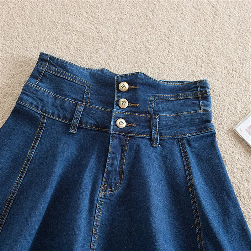 

2021 Summer Japanese Kawaii Blue Skirt Harajuku Korean Style Aline Button Front Vintage High Waist a Word Pleated Denim Skirts