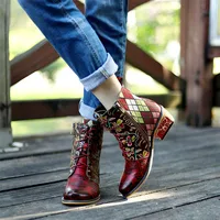 Vintage Color Block Female Lady Thick High Heels Western Boots Handmade Women Boots Fashion Lace Up Ankle Boots Shoes For Woman