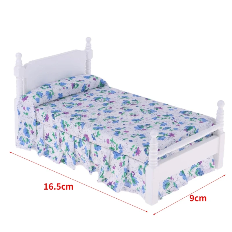 

1:12 Dollhouse Mini Furniture Bedroom Model Wooden Blue Floral Single Bed Children Bed