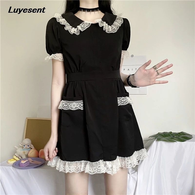 

Женское кружевное мини-платье с коротким рукавом, черное, готическое, белое винтажное платье в стиле ампир, Лолита, уличная одежда с воротни...