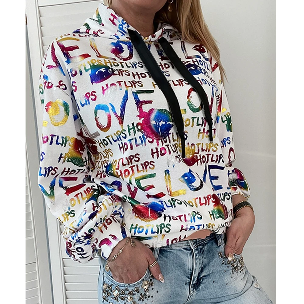 

Hoodies Women Color Letter Print Long Sleeve Hood Autumn New Fashion Pullovers Loose Casual Womens Sweatshirt Lugentolo