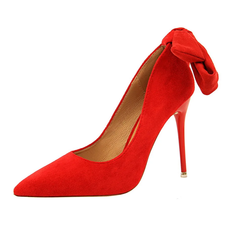 

Spring Autumn Women Shoes Pointed Toe Pumps 10.5CM Thin Heels Wedding Dress Flock Word Band Bow tie High Heels Boat Shoes