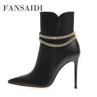 fansaidi winter pointed toe stilettos heels zipper high heels clear heels party shoes metal chain ankle boots 41 42 43 44 45 46