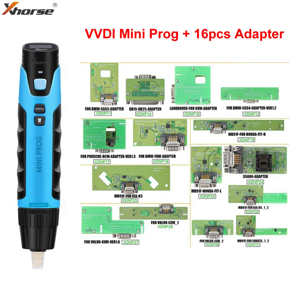 

Xhorse VVDI MINI Prog Powerful Chip Programmer With 16pcs MINI PROG Solder-free Adapters In Stock