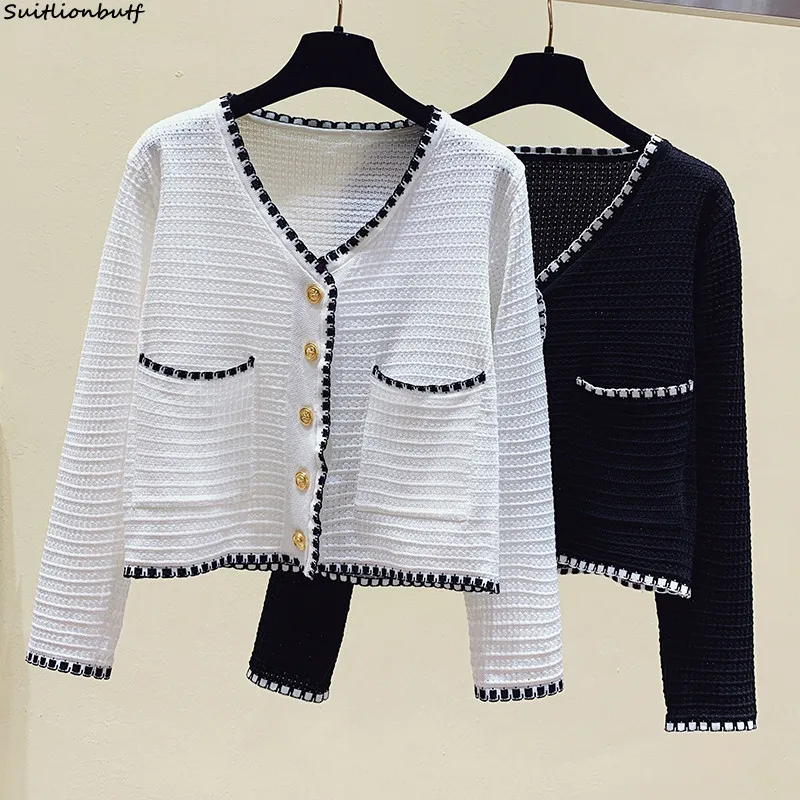 

Вязаный кардиган, футболка, Женская однобортная блузка с длинным рукавом, Свободный Топ контрастных цветов в стиле ретро, осень 2021, женская ...