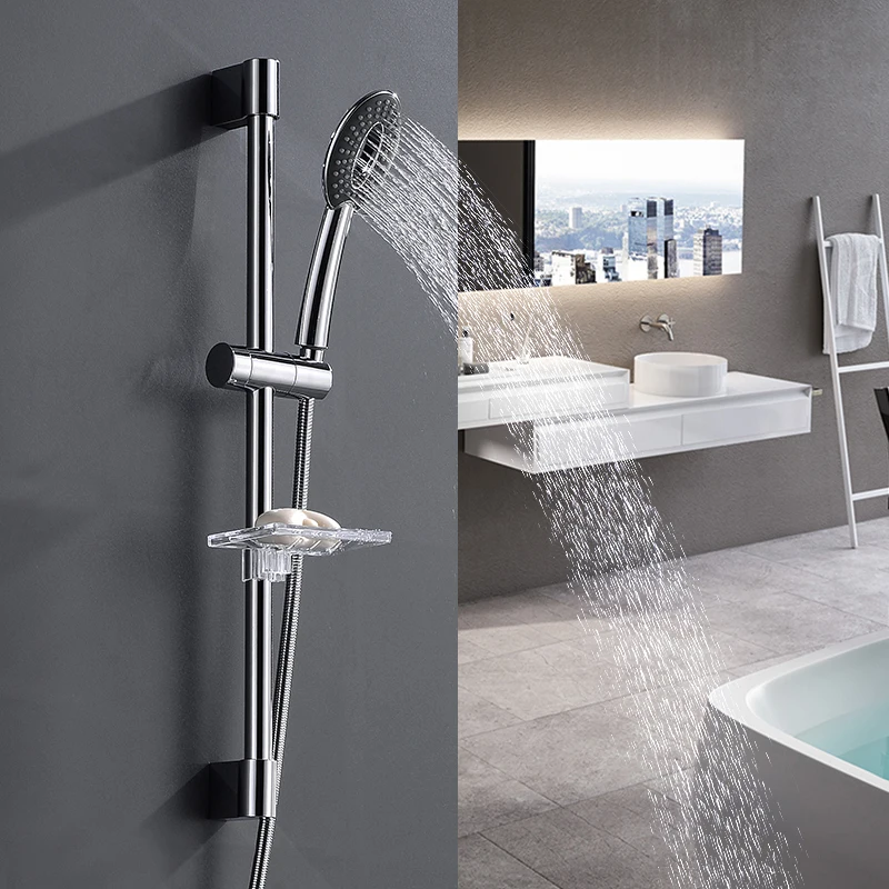

Shower Riser Rail Sliding Bar & Handheld Shower Head with Soap Dishes Chrome Holder Kit