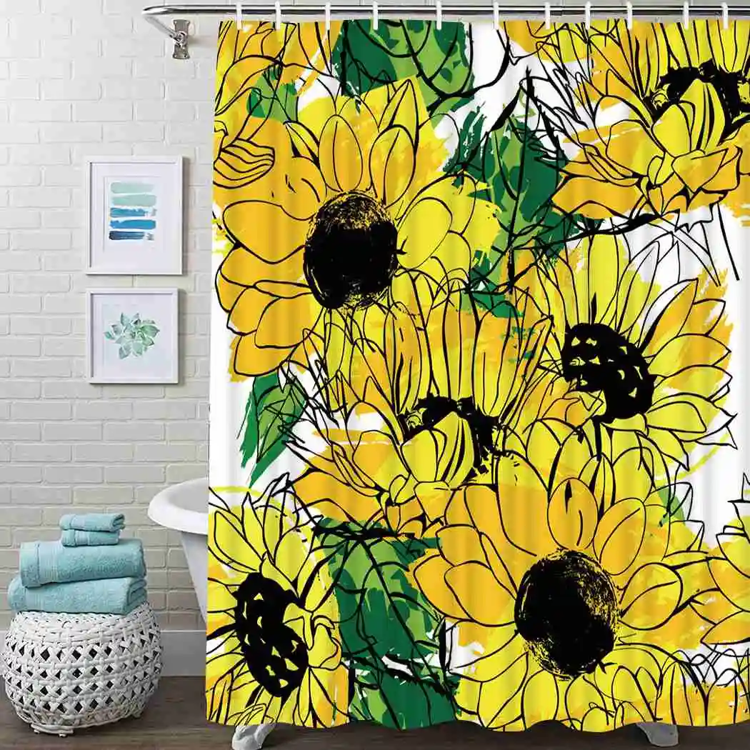

Sunflower Shower Curtain Green Leaves Yellow Shower Curtain Waterproof Fabric For Bathroom Decor Shower Curtains Set With Hooks