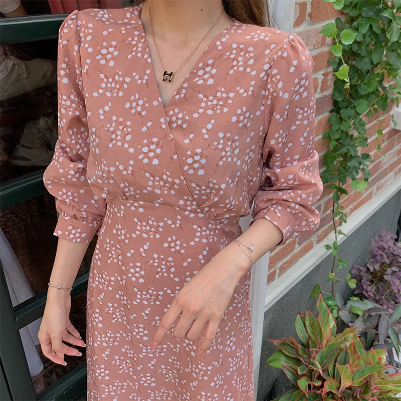 

NEW Dress Women Elegant Trendy Floral French Romance Lace Up Vacation Ladies Vestido Casual Lovely V-neck Chic Fall Female Cloth