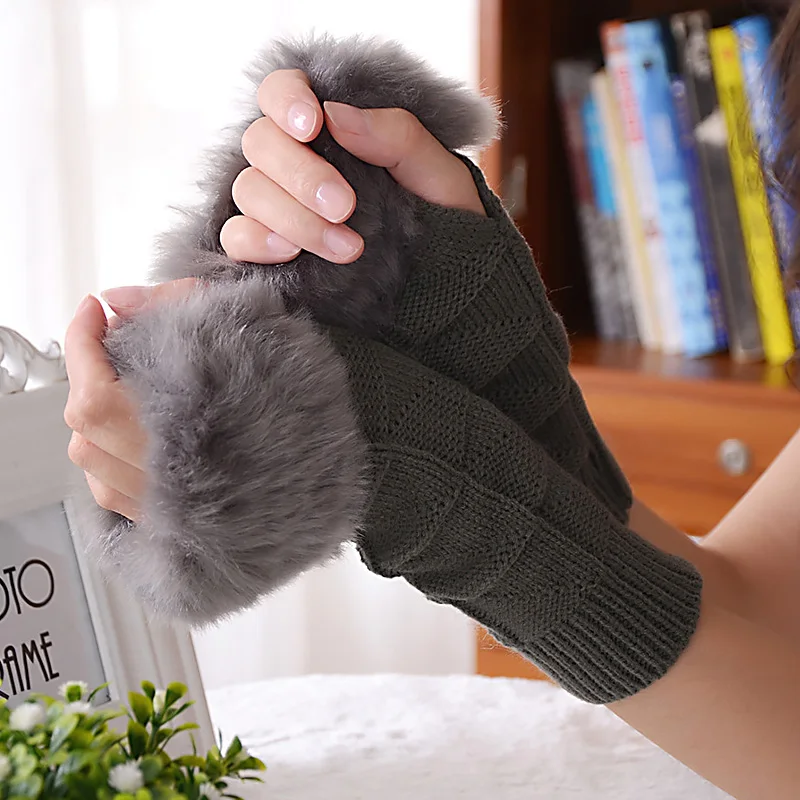 

Winter Women Gloves Plush Faux Fur Knitting Wool Keep Warm Fashion Long Mitten Fingerless Lady Girl Half Finger Soft Glove