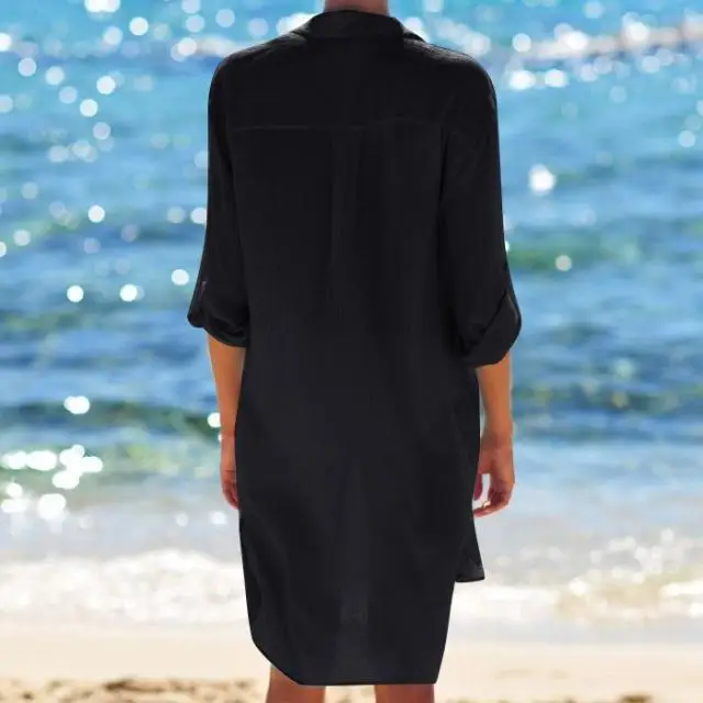 

New Long-Sleeved Pleated Beach Sunscreen Shirt Blouse Solid Color White Black Light Green Long Blouse Women