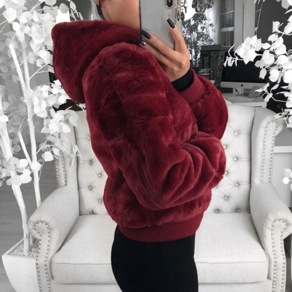 

2021in New Faux Fur Women Coat With Hood High Waist Fashion Slim Black Red Pink Faux Fur Jacket Fake Rabbit Fur Coats